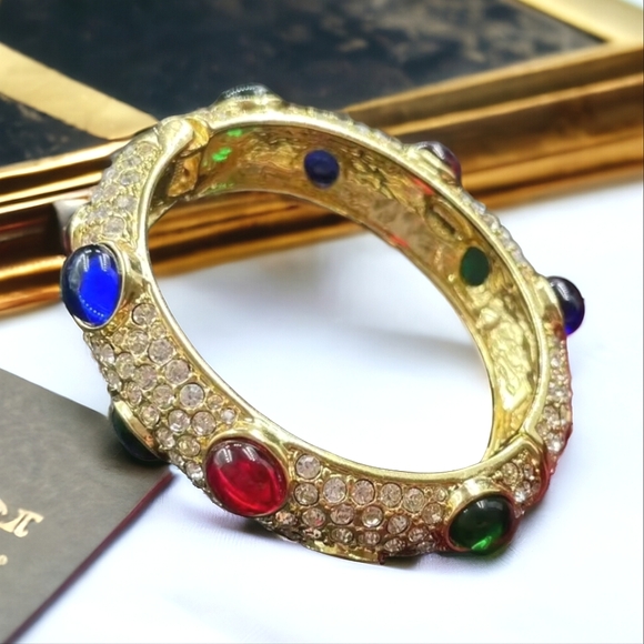 Chunky Mogul Glass Cabochon Pave Zircon Crystal Bangle Clamper Hinged Bracelet - Picture 4 of 5